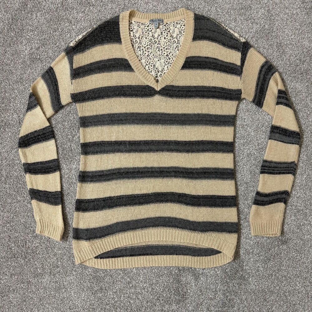 Olivia Sky Sweater Womens XL Beige Gray Striped Lace Back V Neck Knit Pullover